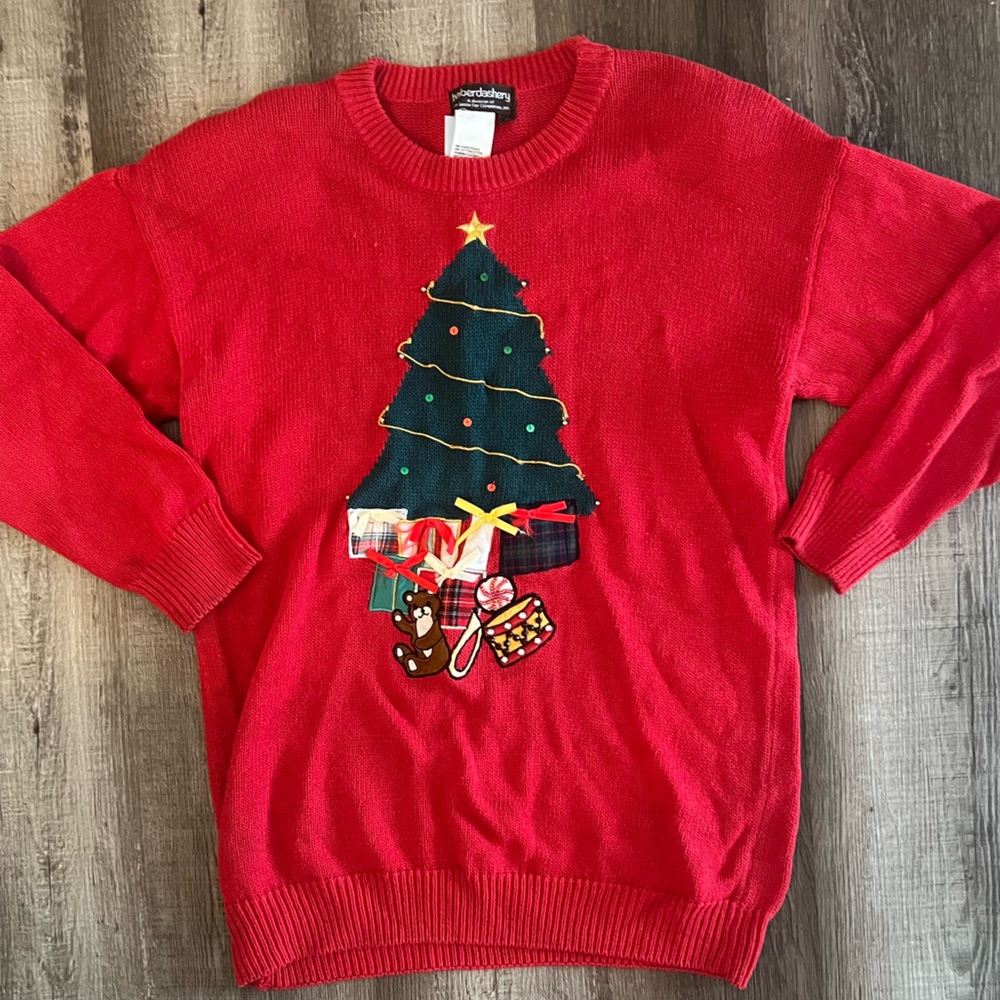 Leslie Fay Haberdashery Vintage Ugly Christmas Sweater Size Medium Red Xmas Tree